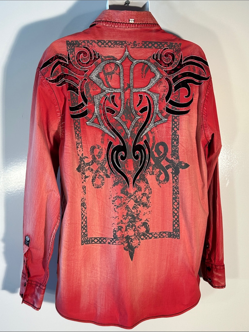 ROAR SZ XL Distressed Red Embroidered Long-Sleeve Shirt Western Moto Rock Rodeo